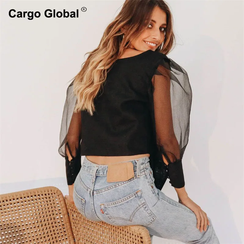 Перспектива шифон рубашка Женский темперамент дикий кардиган шить черный белый