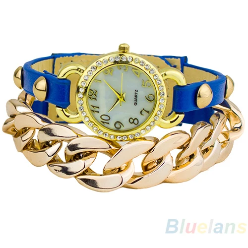 Womens Punk Style Multicolor Gold Plated leather Rhinestone Band Acrylic Chain Bracelet Dress Watch 03IG | Тематическая одежда и