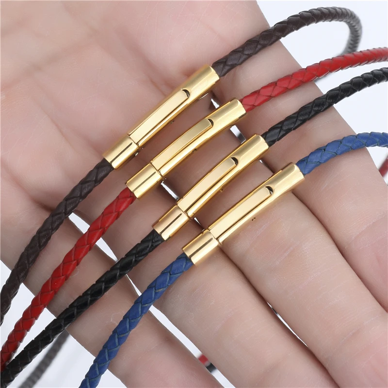 

3mm Leather Necklaces for Men Women Black/Red/Blue/Brown Choker Braided Genuine Leather Necklace Cord Steel Magnetic Clasp