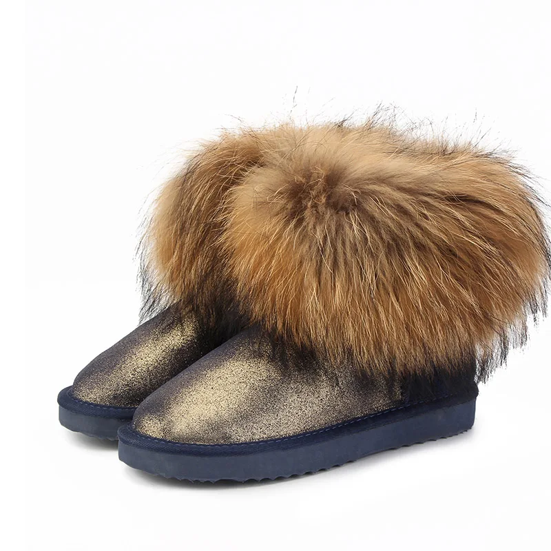 MBR FORCE Top Fashion Women Natural Fox Fur Snow Boots Genuine Cow Leather Winter Boots Female Winter Shoes Women Boots - Цвет: Navy Blue