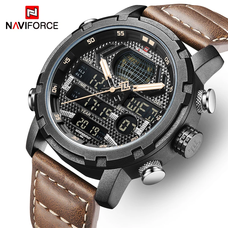 Часы наручные NAVIFORCE Мужские кварцевые цифровые, люксовые Брендовые спортивные водонепроницаемые в стиле милитари, с кожаным ремешком