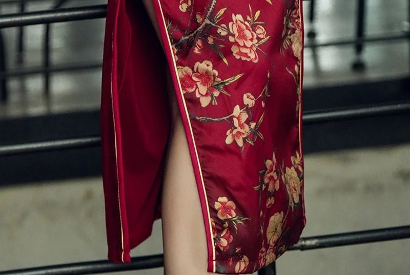 Китайское стильное платье Cheongsam Qipao бархатное лоскутное платье с разрезом миди элегантные китайские платья вино сексуальное восточное платье FF1751