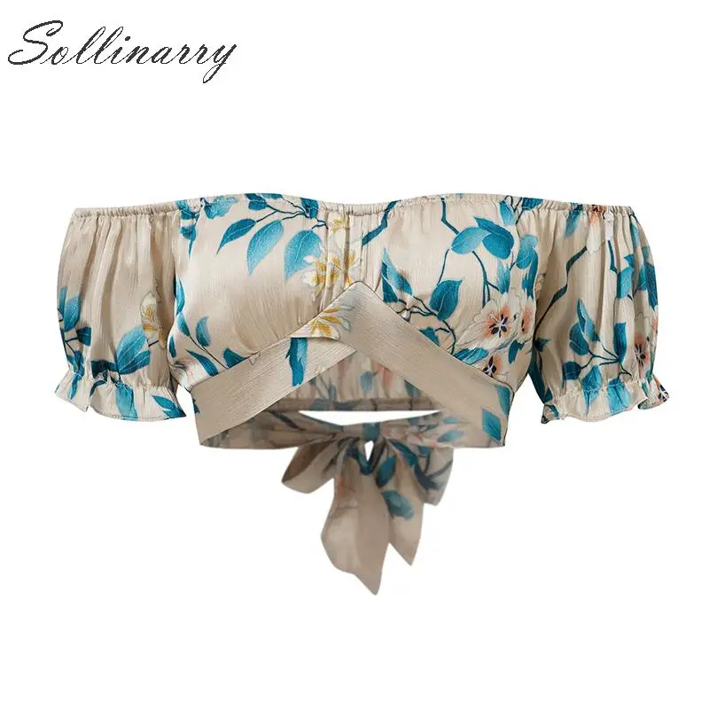 Sollinarry с открытыми плечами сексуальный топ и блузки для женщин Boho короткий рукав