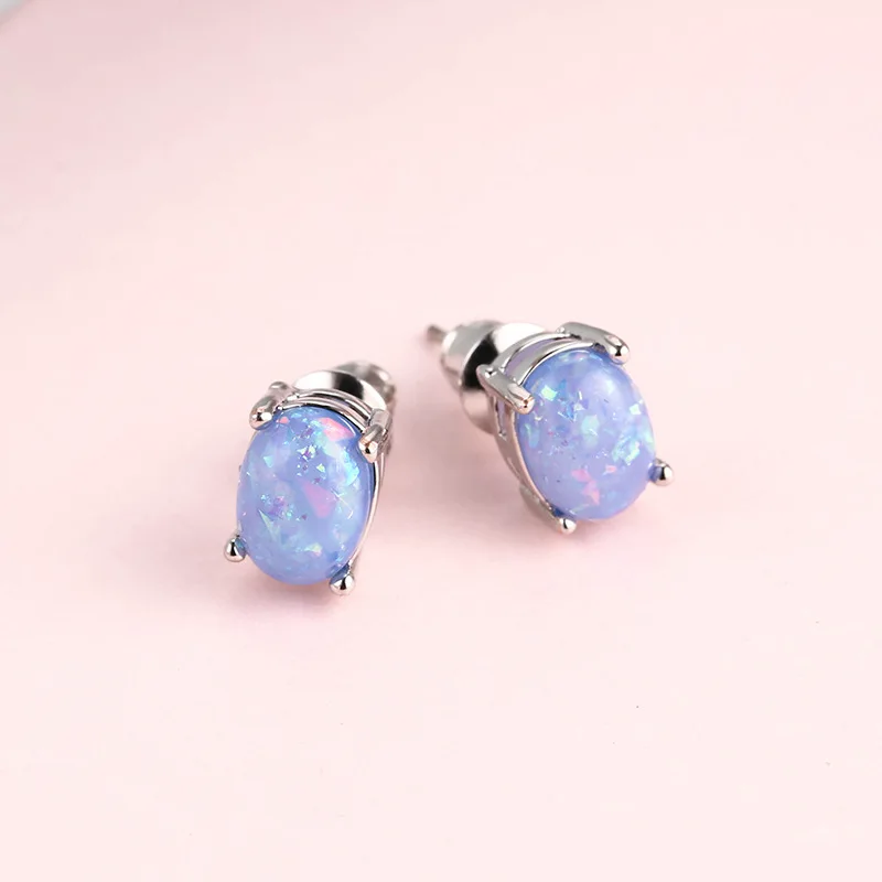 

HOMOD 6MM Oval White/Blue/Purple/Pink Fire Opal Stud Earrings Silver Color Wedding Jewelry For Women Statement Earrings