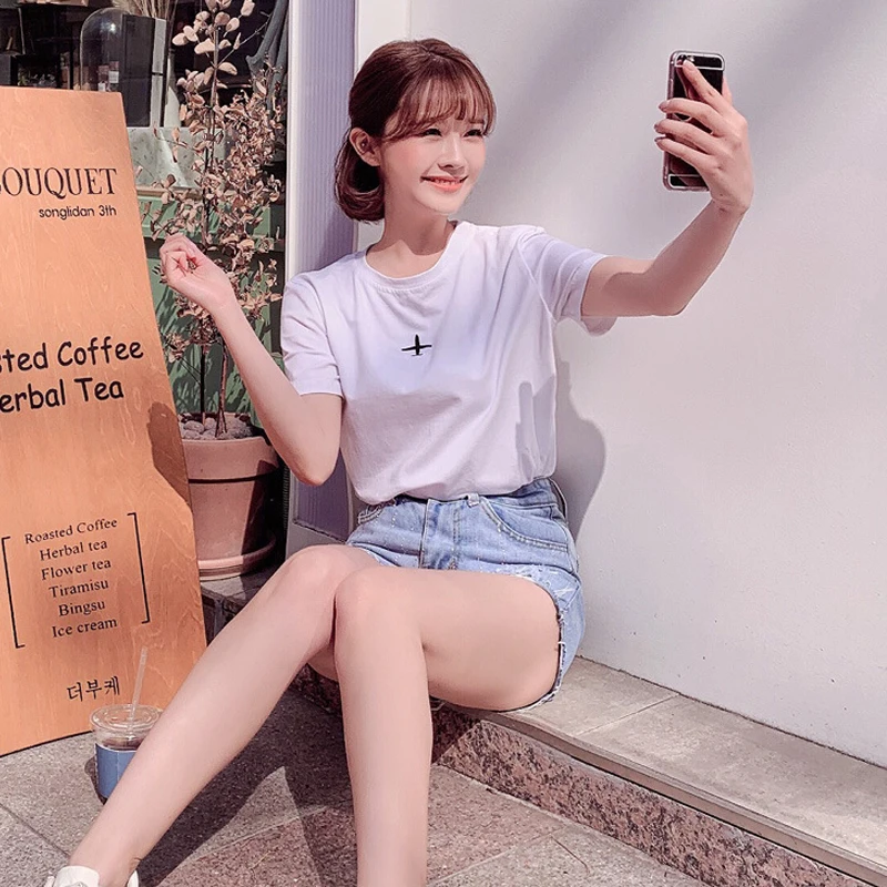 Harajuku вышитый Топ 2019 летняя футболка Женские топы самолет с коротким рукавом