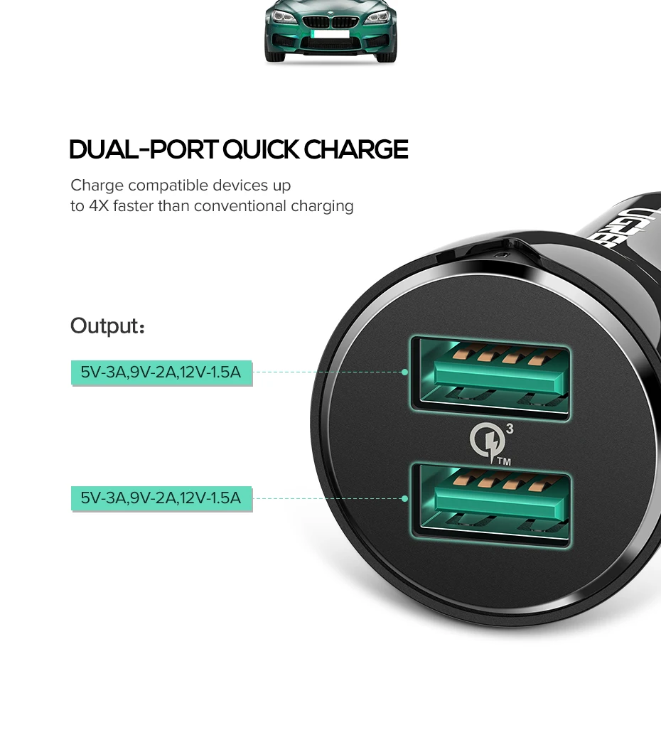 Ugreen 36 W автомобиля USB Зарядное устройство двойной Быстрый 3,0 заряда для iPhone Xiaomi huawei USB быстро Зарядное устройство для samsung S9 S8 автомобильный телефон Зарядное устройство