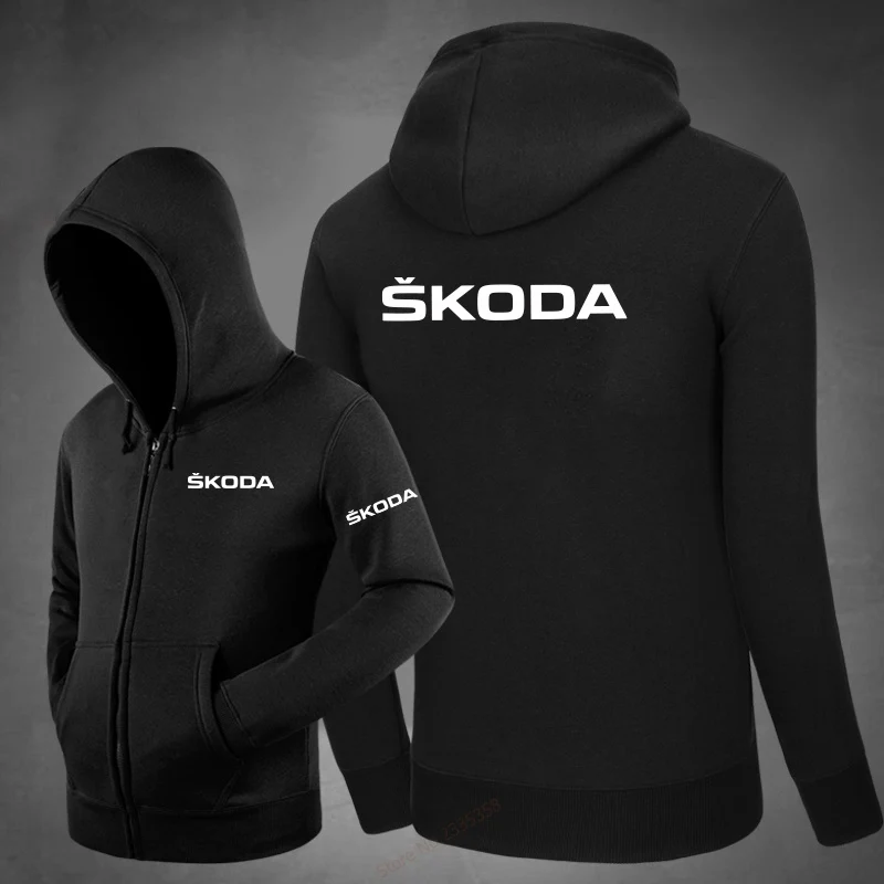 Черный Зимняя Осенняя мужская толстовка на молнии SKODA, повседневный джемпер, топы, одноцветные пальто, куртки - Цвет: Черный