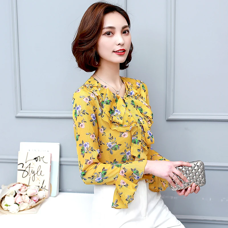 2018 New Casual Spring Women Shirt Long Sleeve Ruffled Collar Chiffon Blouse Fashion Printing Female Tops Women's Clothing |