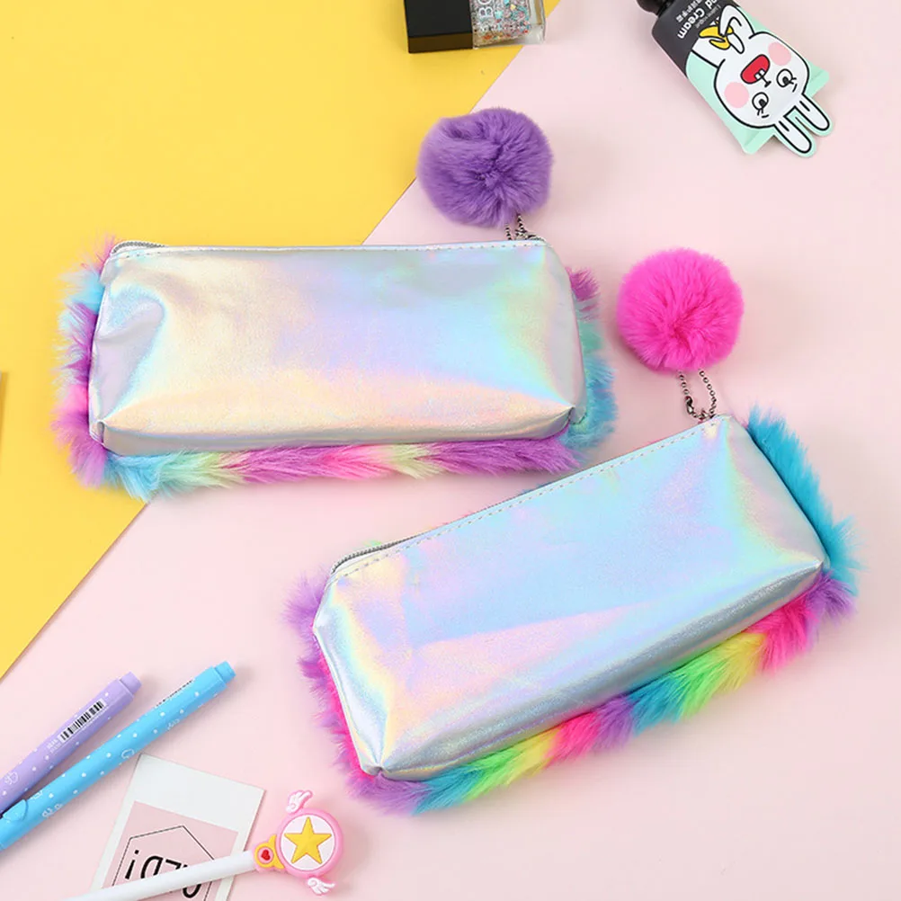 1 Pcs Rainbow Color Plush Pencil Case Travel Makeup Bags Pompom Ball Decor Women Bag | Багаж и сумки