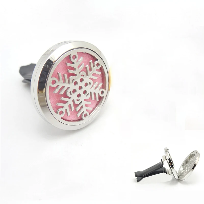 

New Design 30mm Stainless Steel lovely snowflake Aromatherapy Essential Oil Diffuser Perfume Locket Jewelry Clip for Car