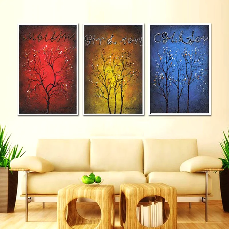 3 шт. 100% ручная роспись деревья Настенная живопись на холсте настенные панно для