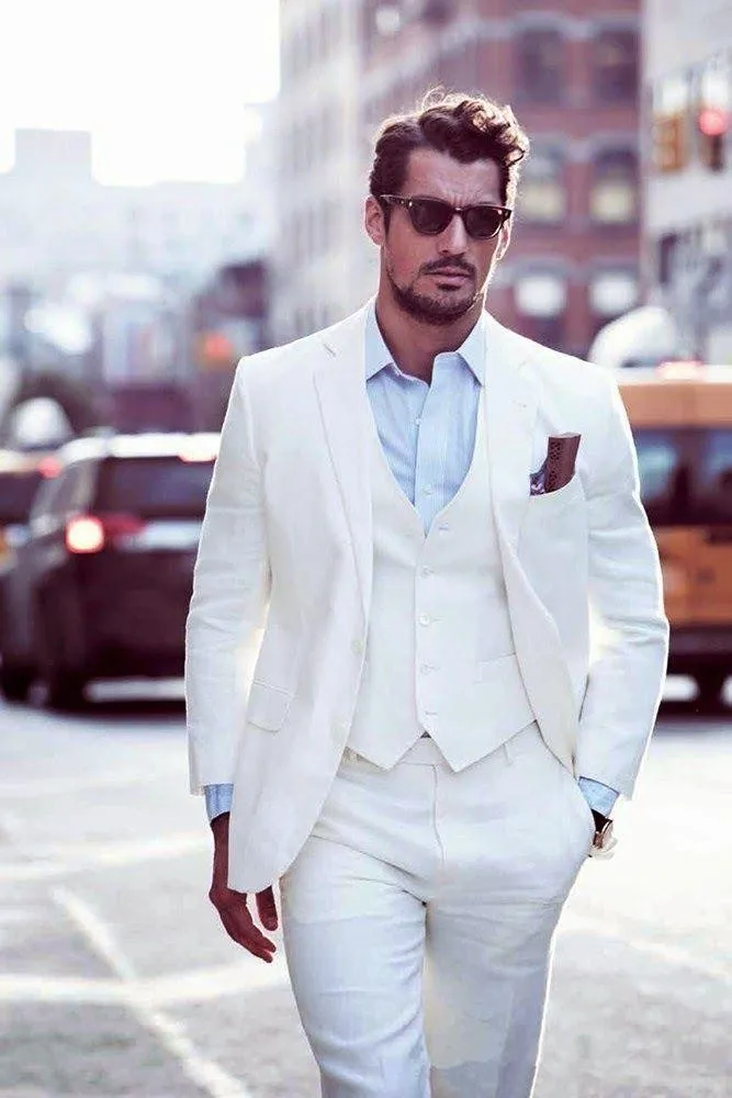 

White Grooms Tuxedos Beach Wedding Suits For Men Slim Fit Men Linen Suits Three Piece Groomsmen Suit (Jacket+Pants+Vest+Tie)