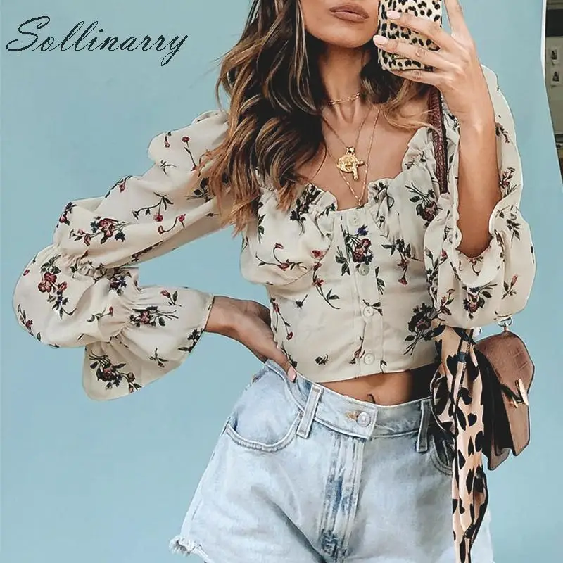 Sollinarry Высокая талия Мода короткая блузка рубашка для женщин 2019 с длинным рукавом