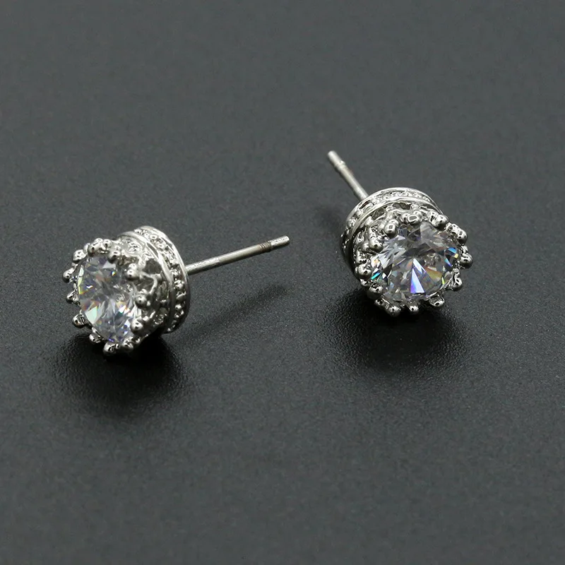 

Round Clear Rhinestone Silver Plated New Crown Crystal Stud Earrings for Women piercing Jewelry