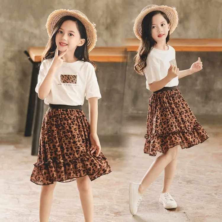 Girls Clothes Set Summer White Shirt with Leopard Cake Skirt 2 Pieces Sets Little Kids Casula Cotton Clothing Suit
