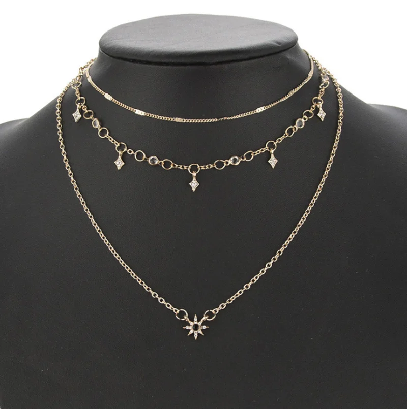 

Ladies Boho Fashion Choker Statement Star Crystal Pendant Necklace Multilayer Gold Chain Necklace Women Beach Jewelry