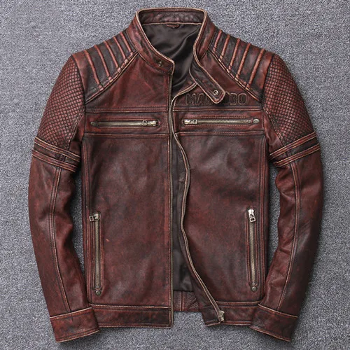 Vintage Brown Винтажная коричневая Мужская короткая мотоциклетная кожаная куртка размера плюс 5XL из натуральной воловьей кожи, американская тонкая байкерская куртка - Цвет: Vintage Brown