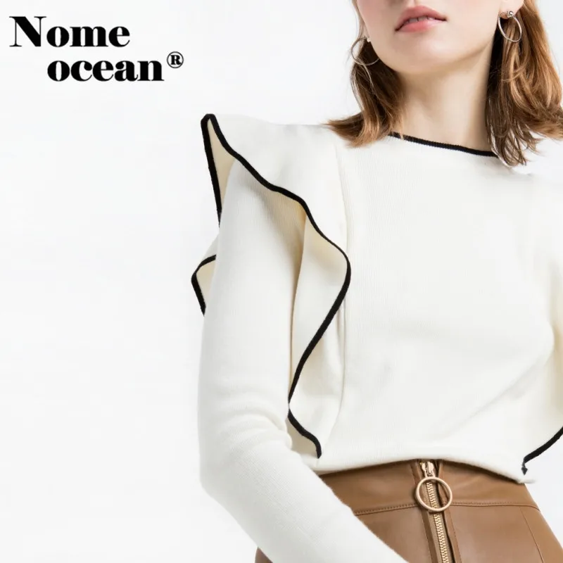 Black Trim Women Sweaters 2018 Spring Ruffle Decoration Pullovers New Arrival Tops of Long Sleeve Knit Sweater M17020611 | Женская