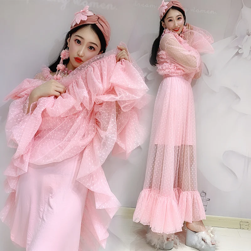 Женское Сетчатое платье однотонное до щиколотки с круглым вырезом длинными