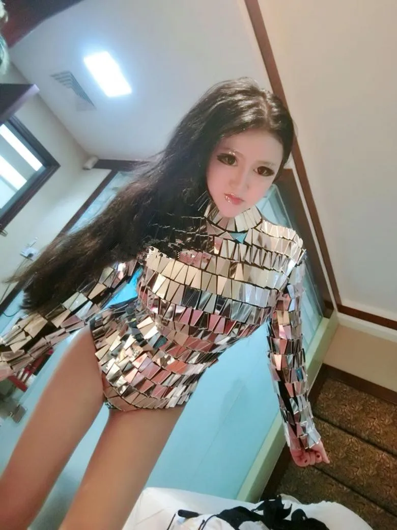 Women Silvery Reflective mirror Bodysuit Double-sided Hand Sewing Sequins Long Sleeve Bodysuits Singer DJ Catwalk Stage Costumes