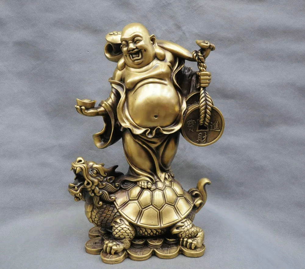 

China Folk Happy Maitreya Buddha stand Dragon Turtle Bronze Statue.