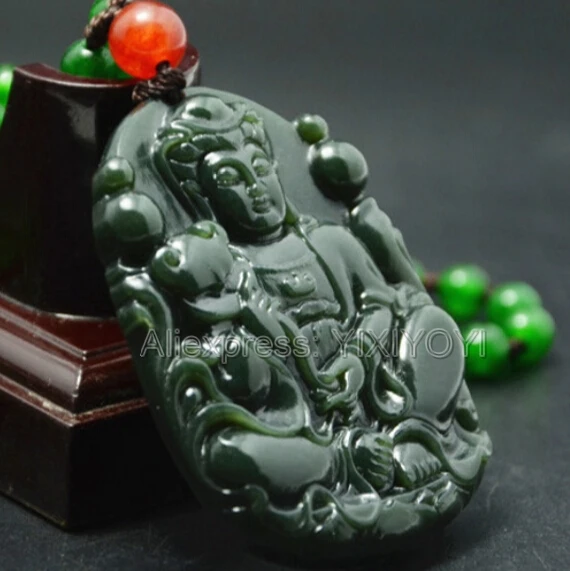 Красивый природный зеленый HeTian нефрит резной китайский GuanYin амулет счастливый