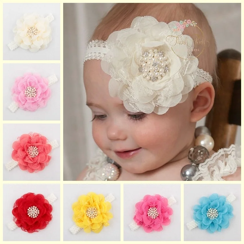 

Yundfly Boutique Lace Chiffon Flower With Pearl Rhinestone Button Center Elastic Kids Girls Headband Party Birthday Headwear