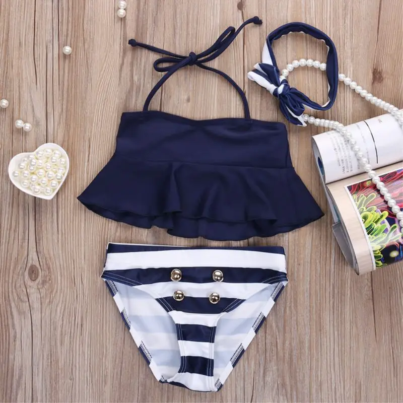 3Pcs Swim Suit Kids Baby Girls Bikini Set Outfits Navy Striped Headband Swimsuit Girl Swimwear Bathing Swimming Wear | Спорт и