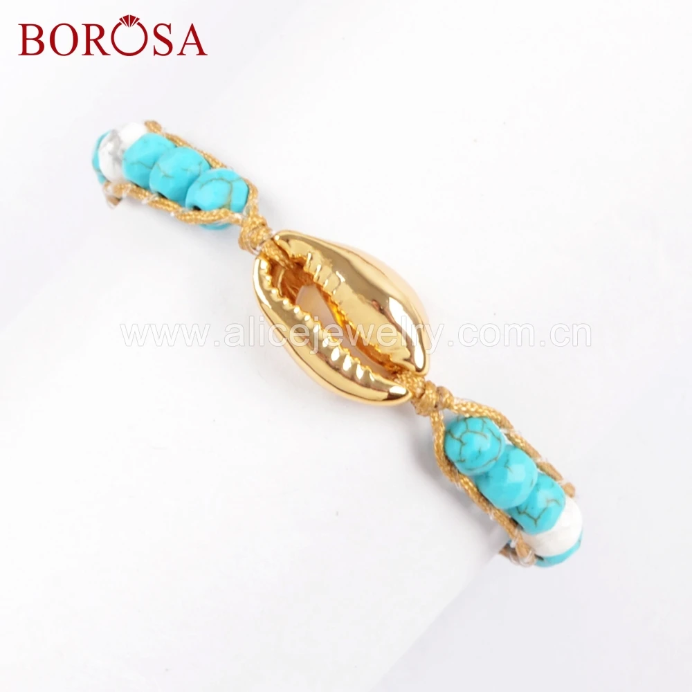 

BOROSA 5/10pcs Natural Cowrie Shell Bracelets with Faceted 6mm Blue Howlite Beads Adjustable Rope Women Bracelets Jewelry HD0001