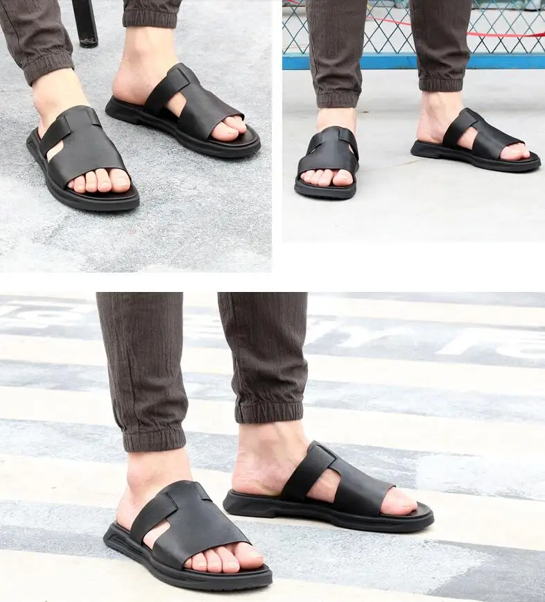 

New British style Men Slipper Summer Comfortable Genuine Leather Flat Slipper Rome Men Breathable Beach Slipper