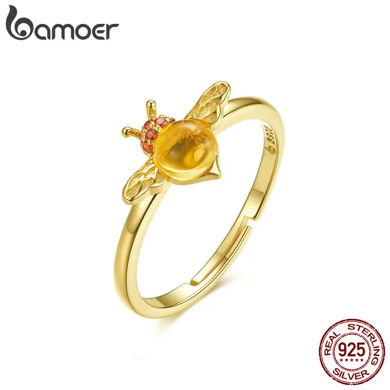 BAMOER Baby Bee, регулируемое кольцо для женщин, 925 пробы, серебро, красный CZ, большой камень, кольцо на палец, не вызывает аллергии, корейское ювелирное изделие BSR034