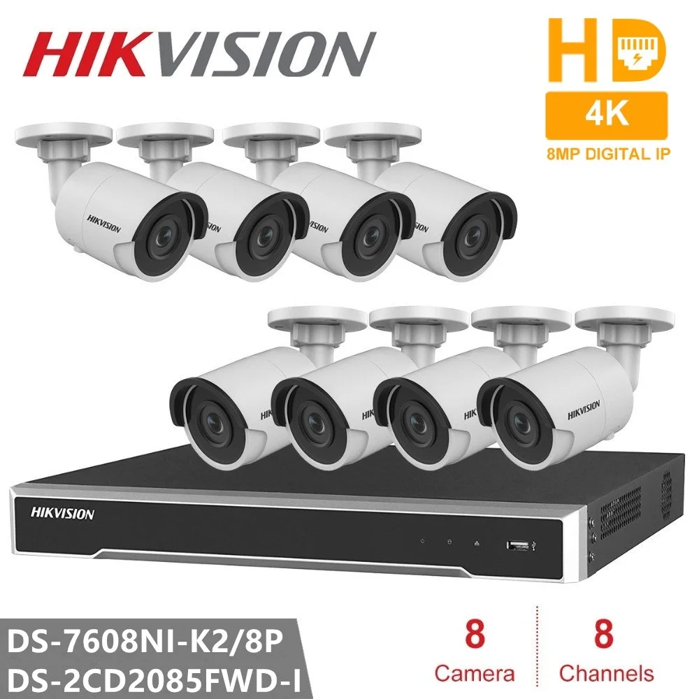 Hikvision IP CCTV Наборы DS-7608NI-K2/8 P 8CH 8 POE 4 к NVR + шт. DS-2CD2085FWD-I 8MP H.265 Пуля Камера безопасности