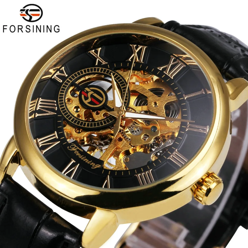 

FORSINING 3D Logo Black Gold Mens Mechanical Watch Montre Homme Mens Watches Top Luxury Brand Skeleton Leather Design