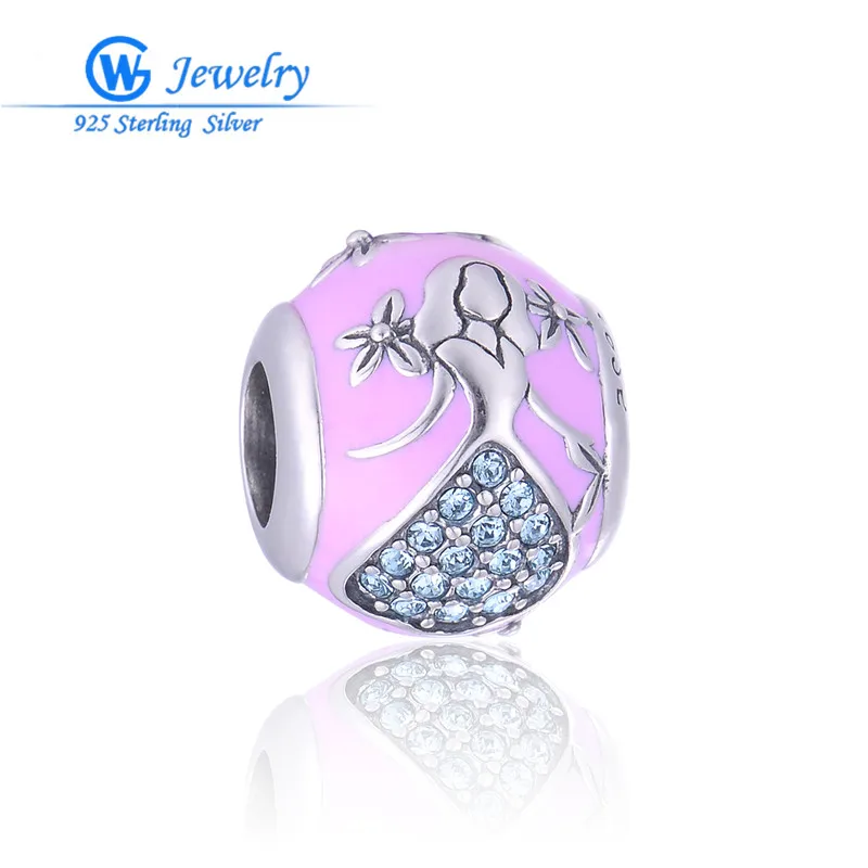 

Princess With Crystal Skirt Pink Enamel Big Hole silver Beads European Charm Bracelet GW Fashion Jewelry DIY Accessories D186