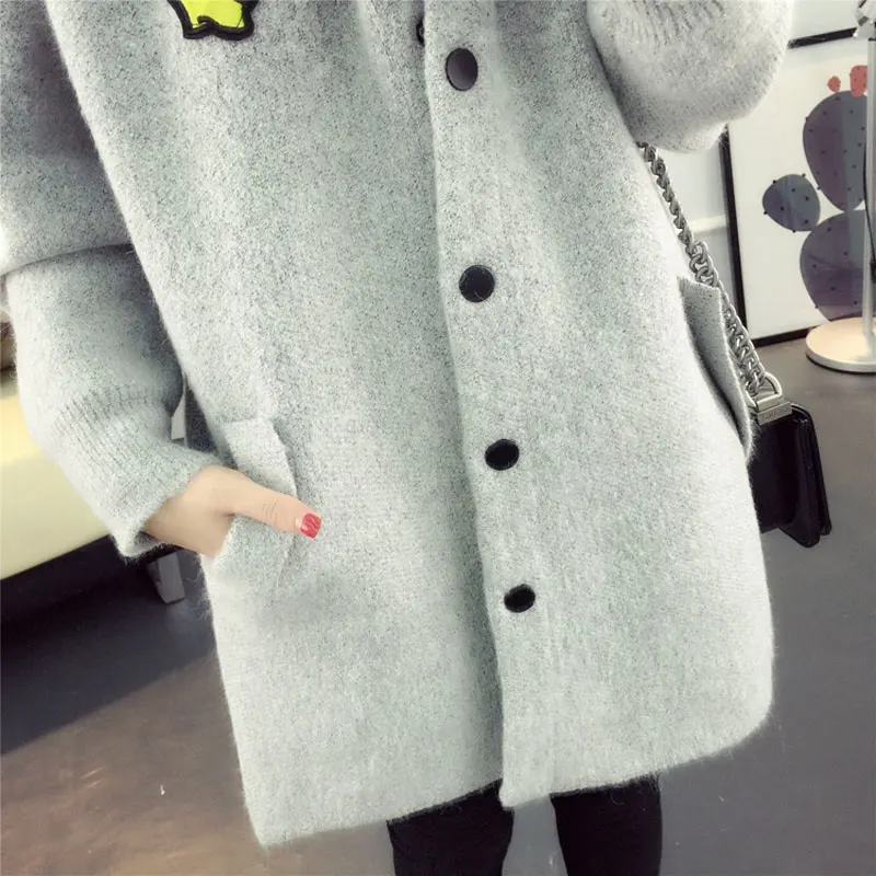 

2018 Autumn Winter Long Cardigan Sweater for Women Cartoon Long Hooded Sweater Coat Fall Warm Thick Poncho Jacket Wool Jumper