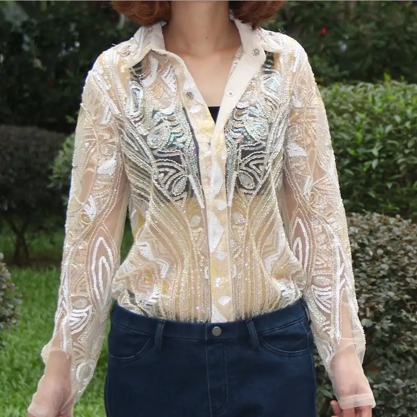 Autumn and winter new fashion brand beading lace sequins shirt long-sleeved ladies Slim was thin cardigan blouse w1999 |