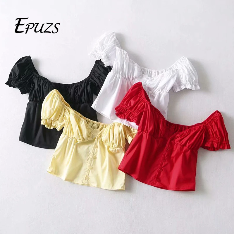 2019 короткий топ с пышными рукавами пикантная белая блузка v образным вырезом
