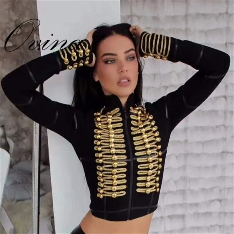 

High Quality Black Long Sleeve Button Rayon Slim Bodycon Bandage Top Women Jackets