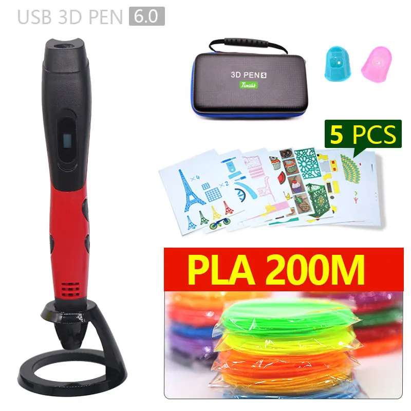 Аутентичные 3D Ручка 3d печати pen-3d 1,75 мм pla Синтетическая нить Рождественские подарки+ Бесплатные покраска рисунки+ 5 v 2A usb адаптер - Цвет: Red pen PLA200m