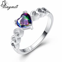 lingmei solitaire style statement fashion jewelry love heart multi green zircon silver color ring size 6 7 8 9 women gift