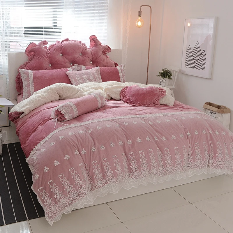 Blue Pink Purple Soft Berber Fleece Princess Girl White Lace Bedding Set Fleece Fabric Duvet Cover Bed sheet/Linen Pillowcases