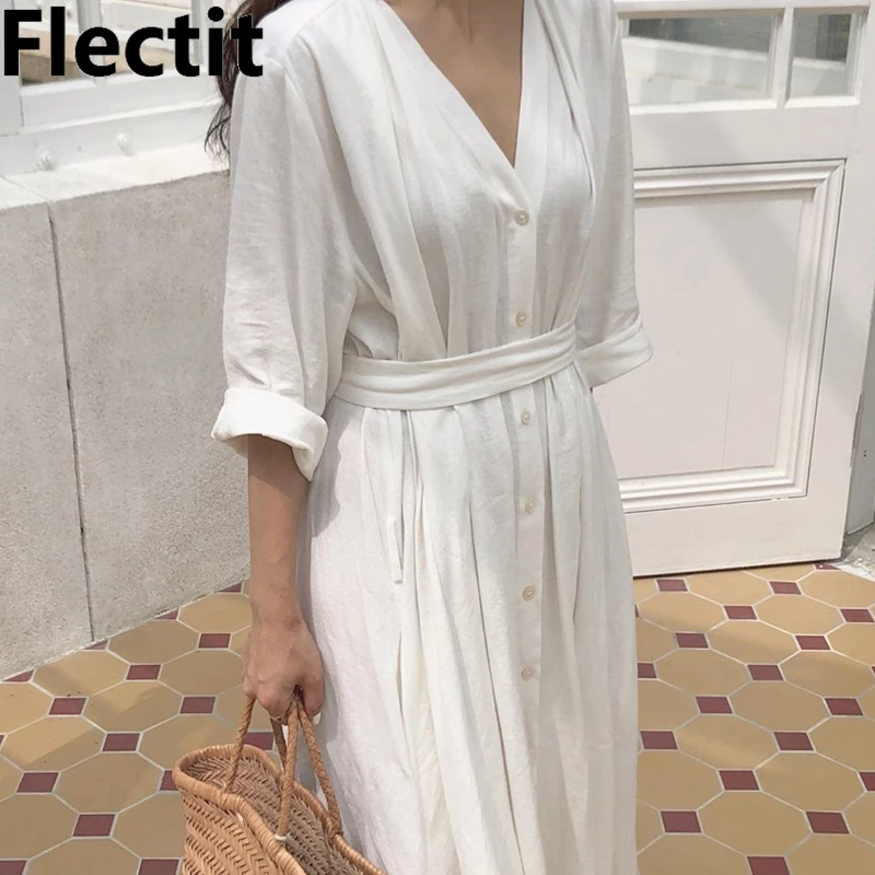 Женское пляжное платье Flectit белое длинное плиссированное средней длины с поясом