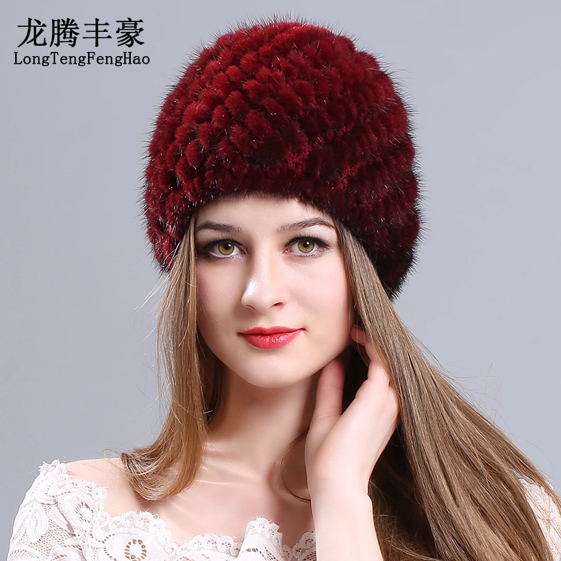 Вязаная шапка из меха норки Женская Русская Шапка натурального тянущаяся зимняя