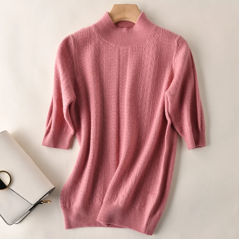 2019 New style Women's Knitted Half sleeve Sweater high collar Slim Solid 100% Wool color Pullover Free Shipping | Женская одежда