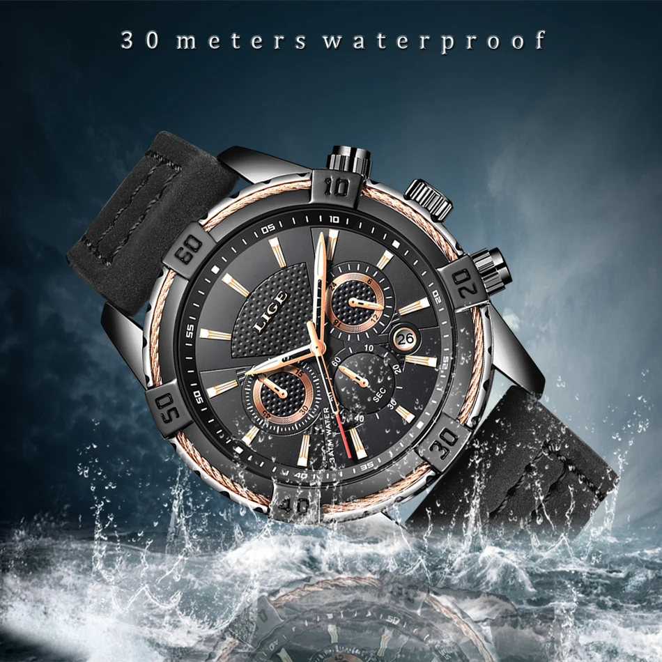 Horloges Mannen LIGE мужские модные повседневные водонепроницаемые кварцевые часы с кожаным ремешком, мужские часы от ведущего бренда, роскошные спортивные часы с хронографом