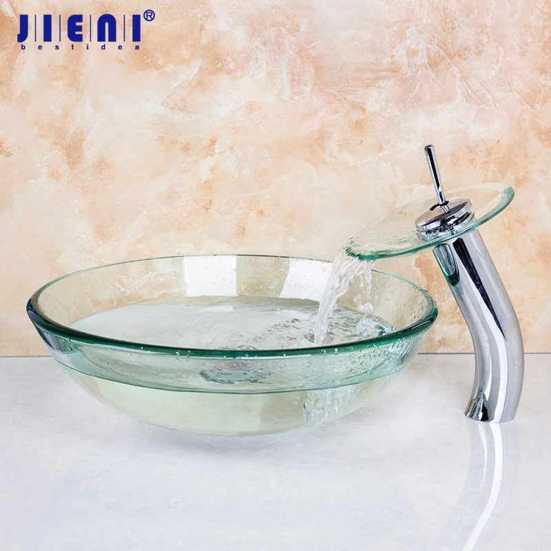 

JIENI Tempered Basin Glass Lavatory Wash Basin Faucet Set Bathroom Round Sink Brass Polished Chrome Faucet Deck Mount Mixer Tap