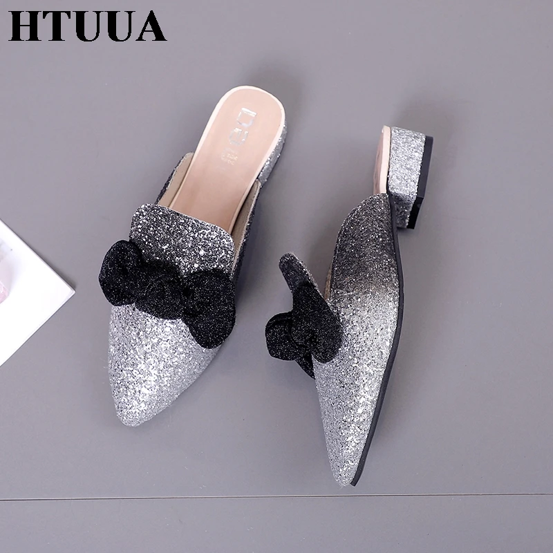 HTUUA 2018 сезон: весна–лето сексуальный острый носок с бантом шлепанцы блестками