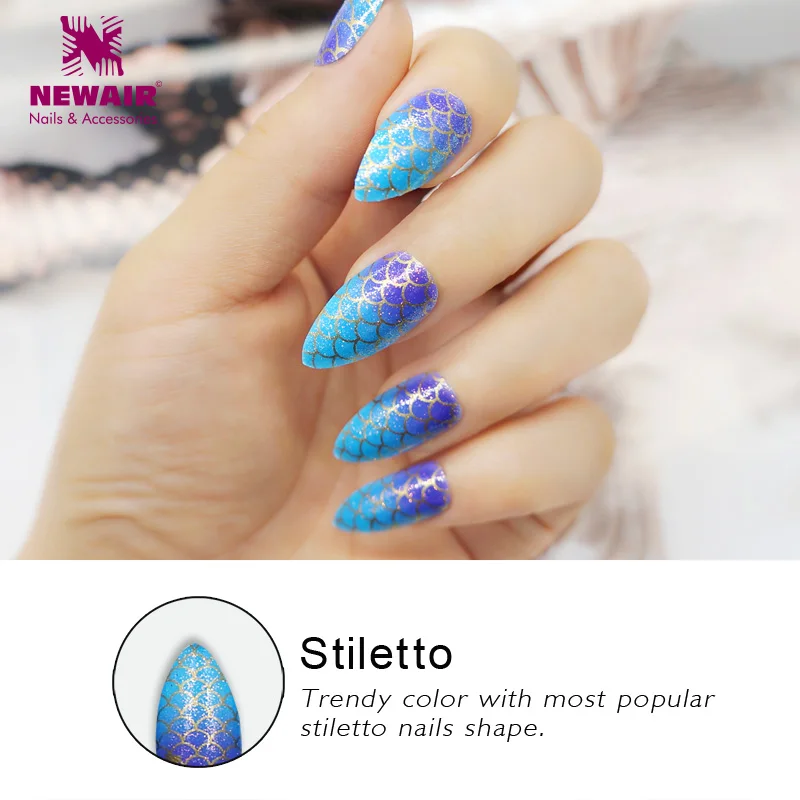 Длинные острые накладные ногти с дизайнами блестящий синий поддельные ногтей