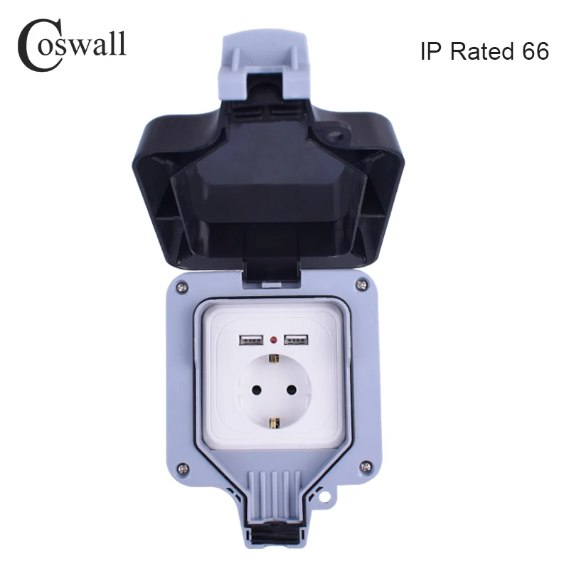 Водонепроницаемая уличная настенная розетка Coswall IP66 16 А с двойным USB портом для