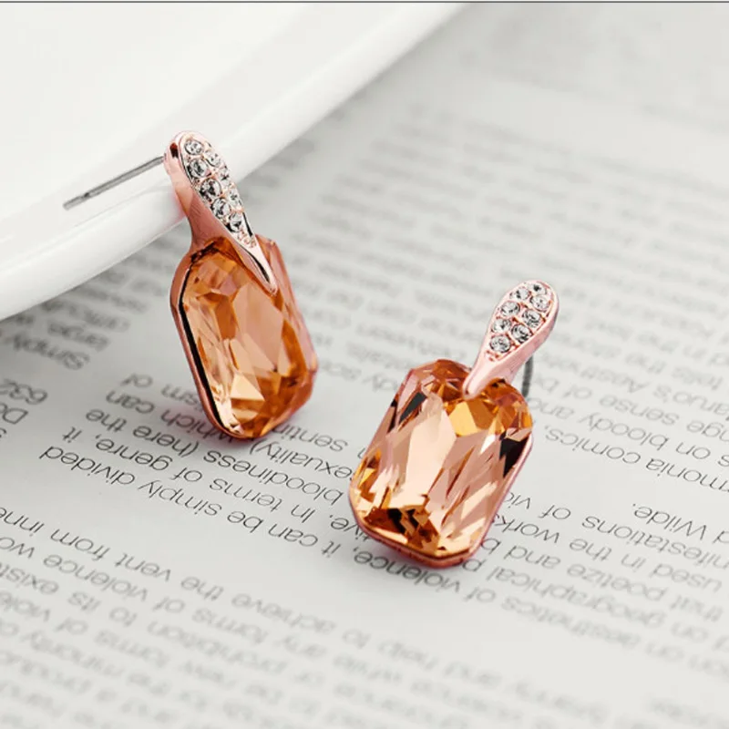 MOONROCY Women's Rose Gold Crystal Earrings, Square Champagne Brown Jewelry Gift image 5